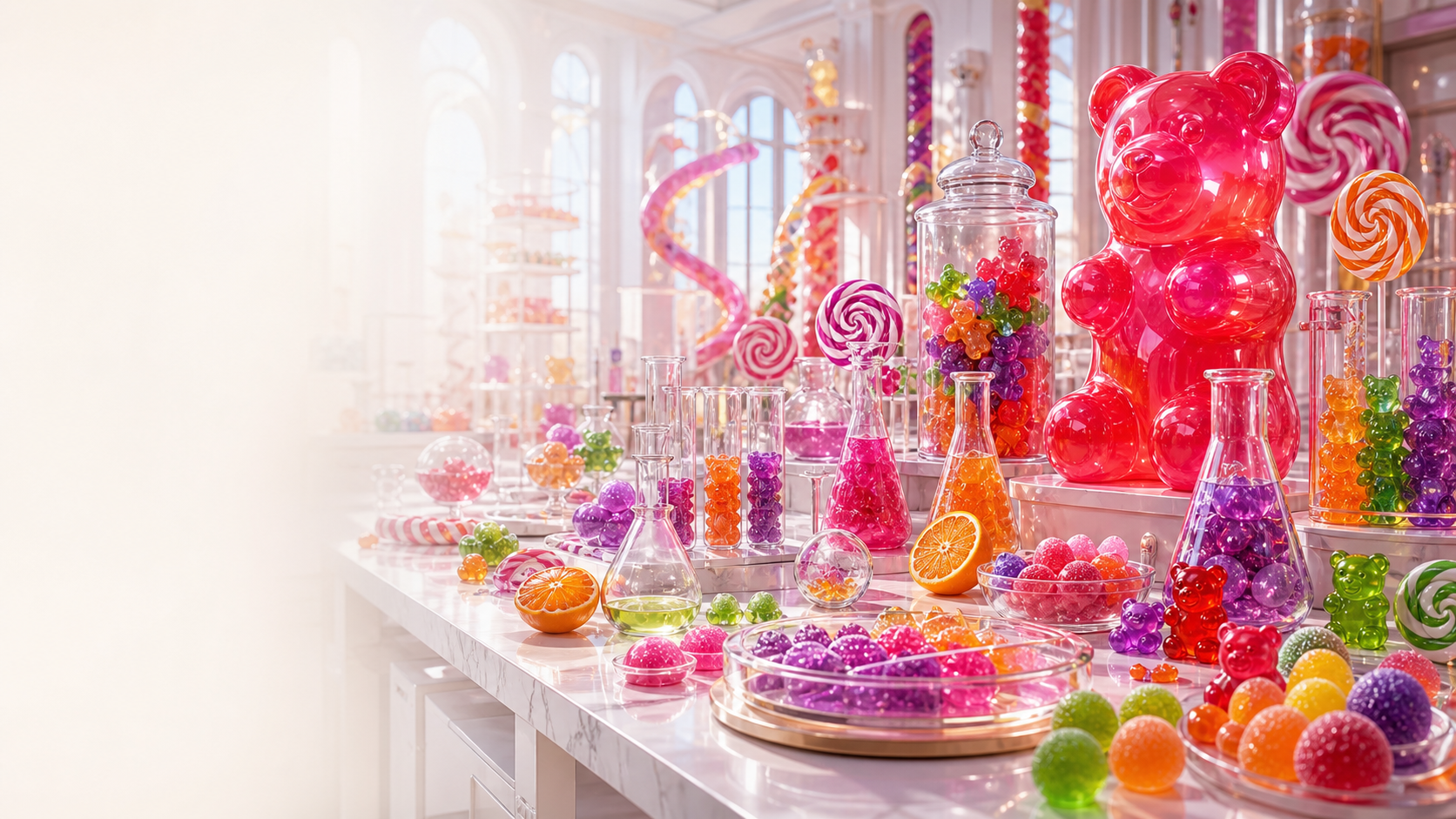 Original colourful confectionery laboratory filled with gummy samples